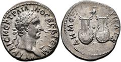 Roman Provincial LYCIA. Trajan, 98-117. Drachm (Silver, 18 mm, 3.01 g, 6 h), 98-99. AΥT KAIC NЄΡ TΡAIANOC CЄB ΓЄΡM Laureate head of Trajan to right. Rev. ΔHM ЄΞ ΥΠAT B Two lyres; between them, pellet;