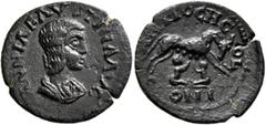Roman Provincial PISIDIA. Antiochia. Annia Faustina, Augusta, 221. 'Quadrans' (Bronze, 18 mm, 1.66 g, 5 h). ANNIA FAVSTINA AVG Draped bust of Annia Faustina to right. Rev. ANTIOCH COL/ONI She-wolf sta