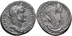 Roman Provincial CILICIA. Mopsouestia-Mopsos. Hadrian, with Sabina, 117-138. Tetradrachm (Silver, 27 mm, 13.19 g, 6 h), circa 128-136. ΑΥΤ ΚΑΙ ΘΕ ΤΡΑ ΠΑΡ ΥΙ ΘΕ ΝΕΡ ΥΙ ΤΡ ΑΔΡΙΑΝΟC C / ΠΠ Laureate and d