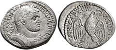 Roman Provincial COMMAGENE. Zeugma. Caracalla, 198-217. Tetradrachm (Billon, 27 mm, 11.85 g, 12 h), 215-217. ΑΥΤ Κ Μ Α••ΑΝΤΩΝЄΙΝΟC CЄ Laureate and cuirassed bust of Caracalla to right. Rev. ΔΗΜΑΡΧ Є•Ξ