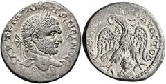 Roman Provincial SYRIA, Seleucis and Pieria. Emesa. Caracalla, 198-217. Tetradrachm (Billon, 28 mm, 11.31 g, 7 h), 215-217. AYT K M•ANTⲰNЄINOC CЄ•Β Laureate head of Caracalla to right. Rev. ΔΗΜΑΡΧ ЄΞ 