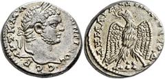 Roman Provincial PHOENICIA. Ace-Ptolemais. Caracalla, 198-217. Tetradrachm (Billon, 26 mm, 14.10 g, 1 h), 215-217. ΑΥΤ•Κ•Μ•Α•ΑΝΤΩΝЄΙΝΟC CЄΒ• Laureate head of Caracalla to right. Rev. •ΔΗΜΑΡΧ•ЄΞ ΥΠΑΤΟC