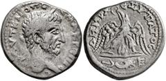 Roman Provincial PHOENICIA. Berytus. Macrinus, 217-218. Tetradrachm (Billon, 26 mm, 13.43 g, 12 h). ΑΥΤ Κ Μ ΟΠ CЄ ΜΑΚΡЄΙΝΟC Laureate head of Macrinus to right. Rev. ΔΗΜΡΧ ЄΞ ΥΠΑΤΟC Eagle with spread w