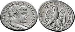 Roman Provincial PHOENICIA. Sidon. Caracalla, 198-217. Tetradrachm (Billon, 28 mm, 11.63 g, 6 h), 215-217. ΑΥΤ ΚΑΙ ΑΝΤⲰΝΙΝΟC CЄ Laureate, draped and cuirassed bust of Caracalla to right, seen from beh