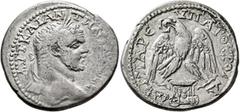 Roman Provincial PHOENICIA. Sidon. Caracalla, 198-217. Tetradrachm (Billon, 29 mm, 10.84 g, 1 h), 215-217. ΑΥΤ ΚΑΙ ΑΝΤⲰΝ[ΙΝΟC CЄ] Laureate head of Caracalla to right. Rev. ΔΗΜΑΡ Є ΥΠΑΤΟC TO Δ Eagle wi