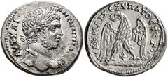Roman Provincial PHOENICIA. Tyre. Caracalla, 198-217. Tetradrachm (Billon, 28 mm, 13.16 g, 12 h), 208-211. ΑΥΤ ΚΑΙ••ΑΝΤⲰΝΙΝΟC CЄ• Laureate head of Caracalla to right. Rev. •ΔΗΜΑΡX ЄΞ ΥΠΑΤΟC ΤΟ Γ• Eagl