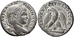 Roman Provincial PHOENICIA. Tyre. Caracalla, 198-217. Tetradrachm (Billon, 25 mm, 12.75 g, 11 h), 213-217. ΑΥΤ ΚΑΙ ΑΝΤⲰΝΙΝΟC CЄ Laureate head of Caracalla to right. Rev. •ΔΗΜΑΡX•ЄΞ•ΥΠΑΤΟC•ΤΟ•Δ• Eagle 