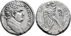 Roman Provincial JUDAEA, Roman Administration. Titus, as Caesar, 69-79. Tetradrachm (Silver, 25 mm, 15.00 g, 1 h), Caesarea Maritima (?), RY 3 = 70/1. [AYTOKP•TITOΣ]•KAIΣ•OYEΣΠ Laureate head of Titus 