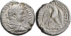 Roman Provincial JUDAEA. Caesaraea Maritima. Caracalla, 198-217. Tetradrachm (Billon, 26 mm, 13.67 g, 1 h), 215-217. AVT KAI ANTΩNINOC CЄB Laureate, draped and cuirassed bust of Caracalla to right, se