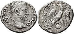 Roman Provincial JUDAEA. Gaza. Macrinus, 217-218. Tetradrachm (Billon, 26 mm, 10.32 g, 1 h). ΑΥ K M ΟΠ [CЄ ΜΑΚ]ΡΙΝΟC CЄ Laureate head of Macrinus to right. Rev. ΔΗΜΑΡΧ•ЄΞ Υ[ΠΑΤΟC Τ Δ] Eagle with sprea