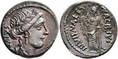 Roman Republican & Imperatorial Man. Acilius Glabrio, 49 BC. Denarius (Silver, 18 mm, 3.93 g, 12 h), Rome. SALVTIS Head of Salus to right, wearing laurel wreath, pendant earring and pearl necklace. Re