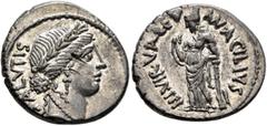 Roman Republican & Imperatorial Man. Acilius Glabrio, 49 BC. Denarius (Silver, 19 mm, 3.87 g, 5 h), Rome. SALVTIS Head of Salus to right, wearing laurel wreath, pendant earring and pearl necklace. Rev