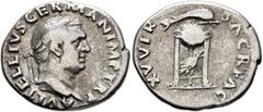 Roman Imperial Vitellius, 69. Denarius (Silver, 19 mm, 3.23 g, 6 h), Rome. A VITELLIVS GERMAN IMP TR P Laureate head of Vitellius to right. Rev. XV VIR SACR FAC Tripod with covered vessel; above, dolp