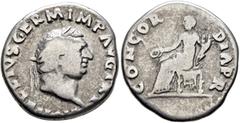 Roman Imperial Vitellius, 69. Denarius (Silver, 17 mm, 3.23 g, 6 h), Rome, late April-20 December 69. A VITELLIVS GERM IMP AVG TR P Laureate head of Vitellius to right. Rev. CONCORDIA P R Concordia se
