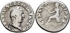 Roman Imperial Vitellius, 69. Denarius (Silver, 19 mm, 3.19 g, 6 h), Rome, late April-20 December 69. A VITELLIVS GERM IMP AVG TR P Laureate head of Vitellius to right. Rev. CONCORDIA P R Concordia se