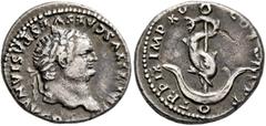 Roman Imperial Titus, 79-81. Denarius (Silver, 18 mm, 3.26 g, 6 h), Rome, 80. IMP TITVS CAES VESPASIAN AVG P [M] Laureate head of Titus to right. Rev. TR P IX IMP XV COS VIII P P Dolphin coiled around