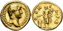 Roman Imperial Hadrian, 117-138. Aureus (Gold, 19 mm, 7.13 g, 6 h), Rome, circa 136. HADRIANVS AVG COS III P P Bare head of Hadrian to right. Rev. GENIO•P•R Genius standing left, holding in his right 