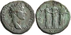 Roman Imperial Marcus Aurelius, as Caesar, 139-161. Sestertius (Orichalcum, 32 mm, 29.07 g, 12 h), Rome, 147-148. AVRELIVS CAESAR AVG PII F COS II Bare head of Marcus Aurelius to right. Rev. VOTA [PVB