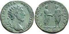 Roman Imperial Marcus Aurelius, 161-180. Sestertius (Orichalcum, 30 mm, 25.20 g, 11 h), Rome, 161-162. IMP CAES M AVREL ANTONINVS AVG P M Laureate head of Marcus Aurelius to right. Rev. CONCORD AVGVST