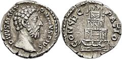 Roman Imperial Divus Marcus Aurelius, died 180. Denarius (Silver, 18 mm, 3.34 g, 6 h), Rome, 180. DIVVS M ANTONINVS PIVS Bare head of Divus Marcus Aurelius to right. Rev. CONSECRATIO Funeral pyre of f