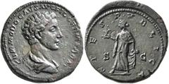 Roman Imperial Commodus, as Caesar, 166-177. As (Copper, 25 mm, 12.72 g, 5 h), Rome, 175-176. COMMODO CAES AVG FIL GERM SARM Bare-headed and draped bust of Commodus to right, seen from behind. Rev. SP