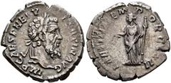Roman Imperial Pertinax, 193. Denarius (Silver, 19 mm, 3.14 g, 12 h), Rome. IMP CAES P HELV PERTIN AVG Laureate head of Pertinax to right. Rev. LAETITIA TEMPOR COS II Laetitia standing front, head to 