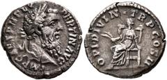 Roman Imperial Pertinax, 193. Denarius (Silver, 18 mm, 2.64 g, 6 h), Rome. IMP CAES P HELV PERTIN AVG Laureate head of Pertinax to right. Rev. OPI•DIVIN•TR P COS II Ops seated left, holding two grain 