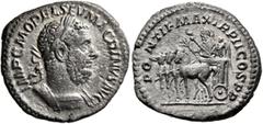 Roman Imperial Macrinus, 217-218. Denarius (Silver, 20 mm, 3.52 g, 6 h), Rome, early 218. IMP C M OPEL SEV MACRINVS AVG Laureate and cuirassed bust of Macrinus to right. Rev. PONTIF MAX TR P II COS P 