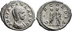 Roman Imperial Julia Paula, Augusta, 219-220. Denarius (Silver, 21 mm, 2.70 g, 12 h), Rome, 219. IVLIA PAVLA AVG Draped bust of Julia Paula to right. Rev. CONCORDIA Julia Paula, veiled and on the righ