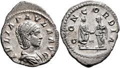 Roman Imperial Julia Paula, Augusta, 219-220. Denarius (Silver, 21 mm, 2.57 g, 6 h), Rome, 219. IVLIA PAVLA AVG Draped bust of Julia Paula to right. Rev. CONCORDIA Julia Paula, veiled and on the right