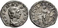 Roman Imperial Julia Maesa, Augusta, 218-224/5. Denarius (Silver, 19 mm, 3.00 g, 12 h), Rome, 220-221. IVLIA MAESA AVG Draped bust of Julia Maesa to right. Rev. SAECVLI FELICITAS Felicitas standing fr