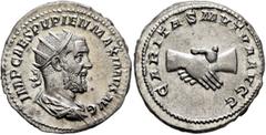Roman Imperial Pupienus, 238. Antoninianus (Silver, 21 mm, 5.01 g, 6 h), Rome, circa April-June 238. IMP CAES PVPIEN MAXIMVS AVG Radiate, draped and cuirassed bust of Pupienus to right, seen from behi