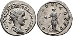 Roman Imperial Gordian III, 238-244. Antoninianus (Silver, 21 mm, 4.79 g, 12 h), Antiochia, 239. IMP CAES M ANT GORDIANVS AVG Radiate, draped and cuirassed bust of Gordian III to right, seen from behi