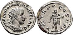 Roman Imperial Gordian III, 238-244. Antoninianus (Silver, 22 mm, 3.77 g, 5 h), Rome, 242. IMP GORDIANVS PIVS FEL AVG Radiate, draped and cuirassed bust of Gordian III to right, seen from behind. Rev.