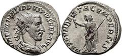 Roman Imperial Philip I, 244-249. Antoninianus (Silver, 22 mm, 4.74 g, 7 h), Antiochia, 244-245. IMP IVL PHILIPPVS PIVS FEL AVG / P M Radiate, draped and cuirassed bust of Philip to right, seen from b