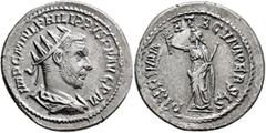 Roman Imperial Philip I, 244-249. Antoninianus (Silver, 24 mm, 6.04 g, 7 h), Antiochia, 244-245. IMP C M IVL PHILIPPVS P F AVG P M Radiate, draped and cuirassed bust of Philip to right, seen from behi