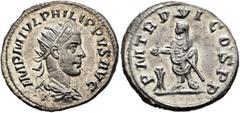 Roman Imperial Philip II, 247-249. Antoninianus (Silver, 22 mm, 4.54 g, 6 h), Antiochia, 249. IMP M IVL PHILIPPVS AVG Radiate, draped and cuirassed bust of Philip II to right, seen from behind. Rev. P