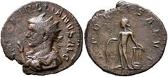 Roman Imperial Aurelian, 270-275. Antoninianus (Bronze, 21 mm, 3.42 g, 5 h), Antiochia, May-June 272. IMP C AVBLLIANVS (sic!) AVG Radiate, draped and cuirassed bust of Aurelian to left, raising his ri