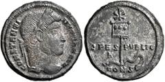 Roman Imperial Constantine I, 307/310-337. Follis (Silvered bronze, 20 mm, 3.48 g, 11 h), Constantinopolis, 327. CONSTANTI-NVS MAX AVG Laureate head of Constantine I to right. Rev. SPES - PVBLIC / CON