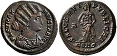 Roman Imperial Fausta, Augusta, 324-326. Follis (Bronze, 19 mm, 3.09 g, 12 h), Constantinopolis, 326. FLAV MAX FAVSTA AVG Draped bust of Fausta to right. Rev. SALVS REI PVBLICAE / CONS Fausta (or Salu