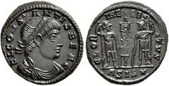 Roman Imperial Constans, as Caesar, 333-337. Follis (Bronze, 17 mm, 2.21 g, 7 h), Siscia, 337. FL CONSTANTIS BEA C Laureate, draped and cuirassed bust of Constans to right. Rev. GLORIA EXERCITVS / ΔSI