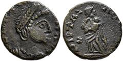 The Ramskold Collection, Part III Theodora, died before 337. Follis (Bronze, 11 mm, 0.81 g), a contemporary imitation of an issue from Treveri, irregular mint, after 337. FL MAX [THEO-DOR]AE AVG Laure