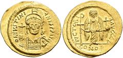 Byzantine Justinian I, 527-565. Solidus (Gold, 22 mm, 4.44 g, 7 h), Constantinopolis, circa 538-545. D N IVSTINIANVS P P AVG Helmeted and cuirassed bust of Justinian I facing, holding globus cruciger 