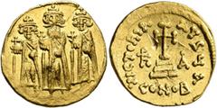 Byzantine Heraclius, with Heraclius Constantine and Heraclonas, 610-641. Solidus (Gold, 19 mm, 4.33 g, 7 h), Constantinopolis, 637/638 (?). Heraclius, Heraclius Constantine and Heraclonas, wearing cro