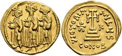 Byzantine Heraclius, with Heraclius Constantine and Heraclonas, 610-641. Solidus (Gold, 20 mm, 4.19 g, 7 h), Constantinopolis, 639(?)-641. Heraclius, Heraclius Constantine and Heraclonas, wearing crow