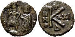 Byzantine Heraclius, 610-641. 20 Nummi – Half Follis (Bronze, 15 mm, 2.74 g, 6 h), Ravenna, RY 21 = AD 630/1. Heraclius, on the left, and Heraclius Constantine, on the right, standing facing, both wea