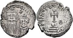 Byzantine Constans II, with Constantine IV, 641-668. Hexagram (Silver, 23 mm, 6.45 g, 6 h), Constantinopolis, 654-659. δ N CONSTANTINЧS C CONSTAN Crowned and draped bust of Constans facing, with long 