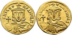Byzantine Leo III the "Isaurian", with Constantine V, 717-741. Solidus (Gold, 20 mm, 4.45 g, 6 h), Constantinopolis, circa 737-741. δ NO LЄO-N PA MЧL Crowned and draped bust of Leo III facing, holding