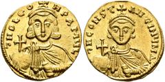 Byzantine Leo III the "Isaurian", with Constantine V, 717-741. Solidus (Gold, 19 mm, 4.54 g), Constantinopolis, 720. δ NO LЄO-N PA MЧL Crowned and draped bust of Leo III facing, holding globus crucige