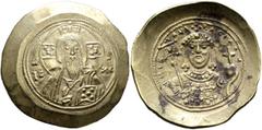 Byzantine Michael VII Ducas, 1071-1078. Histamenon (Electrum, 27 mm, 4.38 g, 6 h), Constantinopolis. Bust of Christ Pantokrator facing; in fields, IC - XC. Rev. +MIX AHΛ BACIΛOΔ Crowned bust of Michae